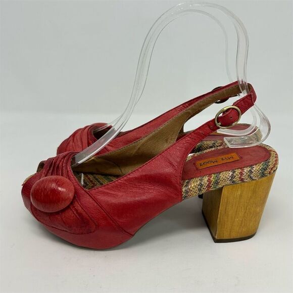 Miz Mooz Violin Red Leather Slingback Peep Toe Pumps Size 6 Button Detail - Picture 6 of 13